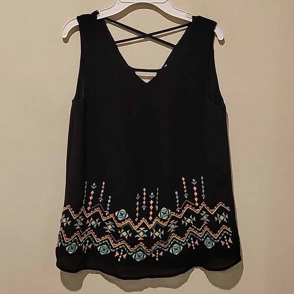 Naked Zebra Black Sleeveless Embroidered V-Neck Tank with Cross-Back Straps